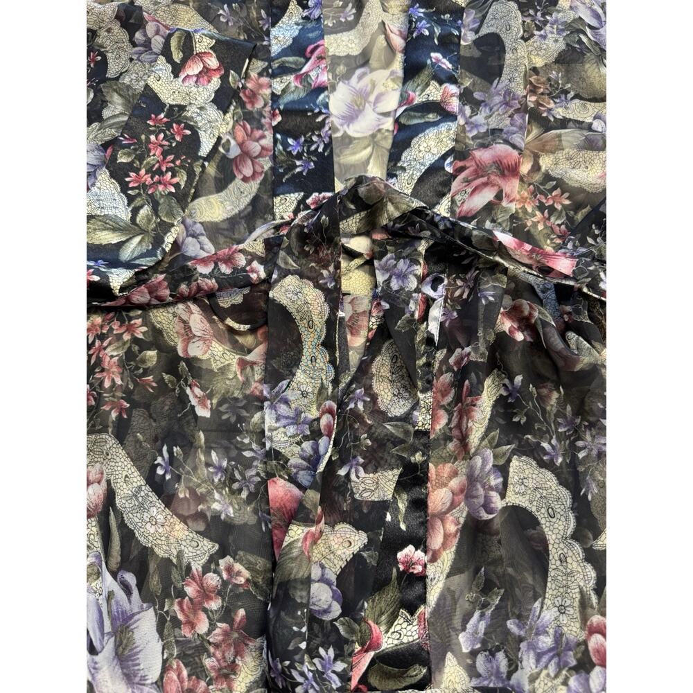 Victoria's Secret Vintage Gold Label Kimono Robe Black Satin Floral Belted Sz OS - Picture 3 of 5